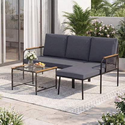 3 Pieces Wicker Furniture Set with Tempered Glass Side Table