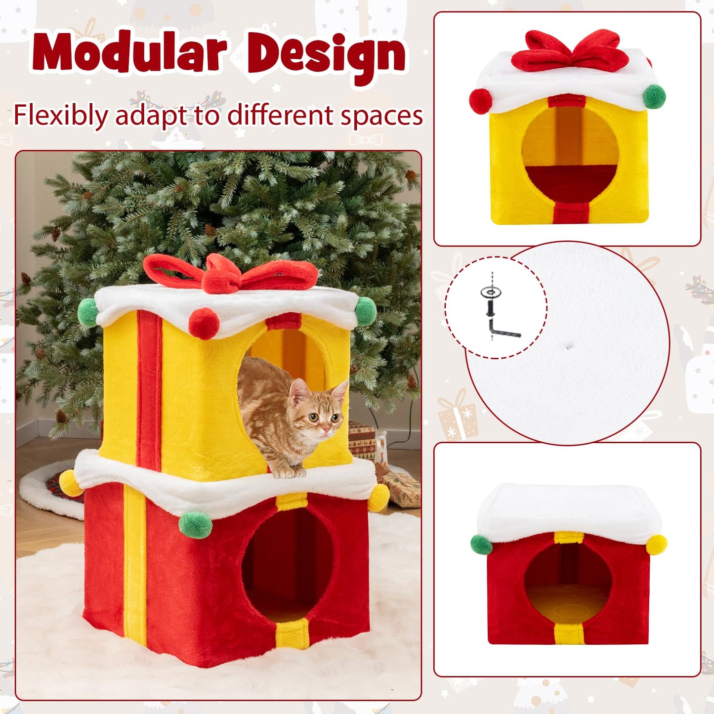 Indoor 2-Storey Cute Christmas Cat House with Bow