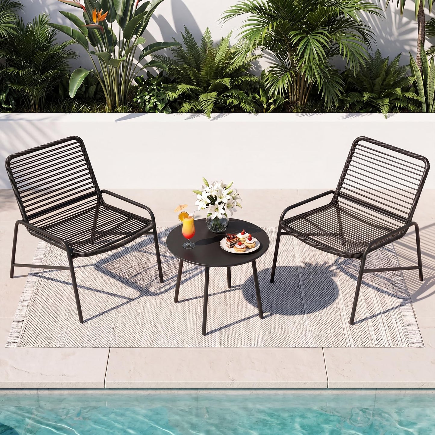 3 Piece Patio Bistro Set, Metal Frame Garden Furniture Set