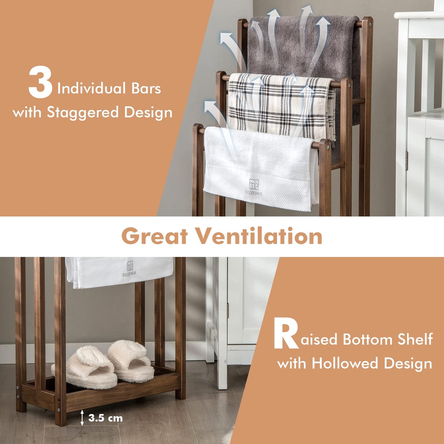 Solid Wood Towel Holder Drying Stand with 3 Towel Rails and Storage Shelf