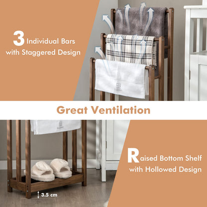 Solid Wood Towel Holder Drying Stand with 3 Towel Rails and Storage Shelf