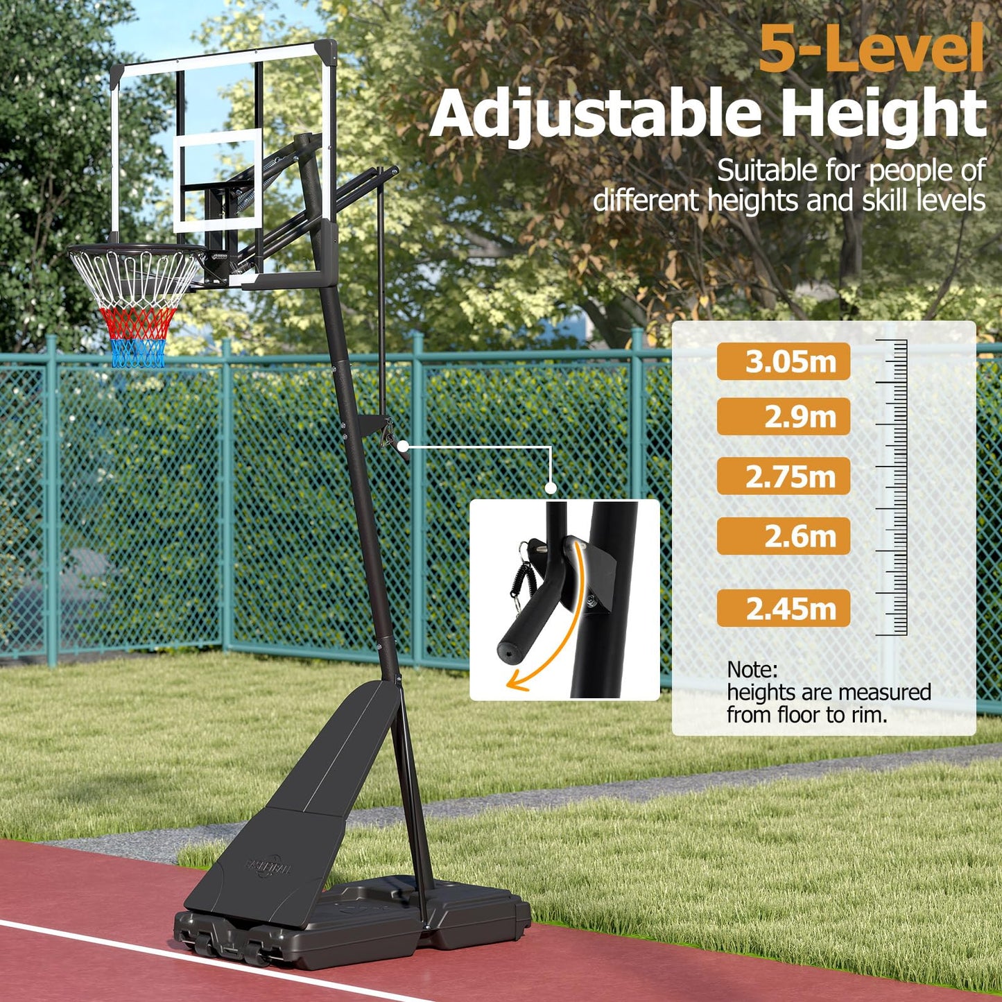 2.45-3.05M Portable Basketball Hoop Height Adjustable with Shatterproof Backboard