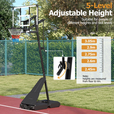 2.45-3.05M Portable Basketball Hoop Height Adjustable with Shatterproof Backboard