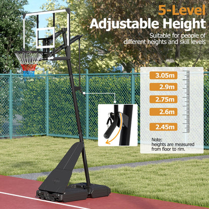 2.45-3.05M Portable Basketball Hoop Height Adjustable with Shatterproof Backboard