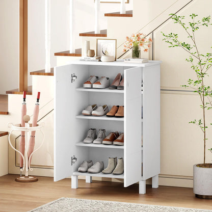 Wooden Shoe Cabinet, 4-Tier Freestanding Shoe Cupboard with 2 Doors and Removable Shelves