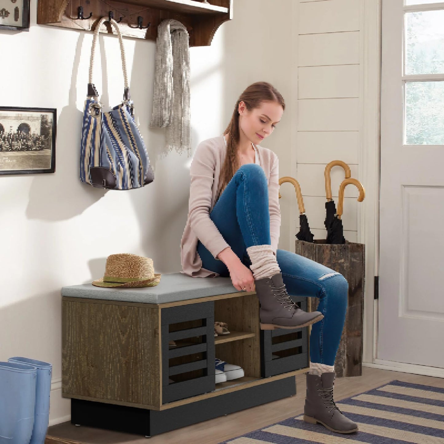 Shoe Bench with 6 Storage Compartments and 3 Adjustable Shelves and Cushion