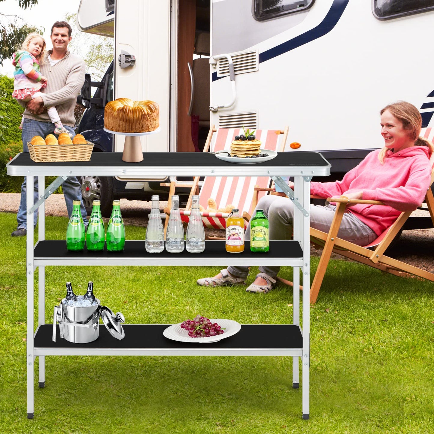 Aluminum Portable Picnic Table with 2 Tier Open Shelves
