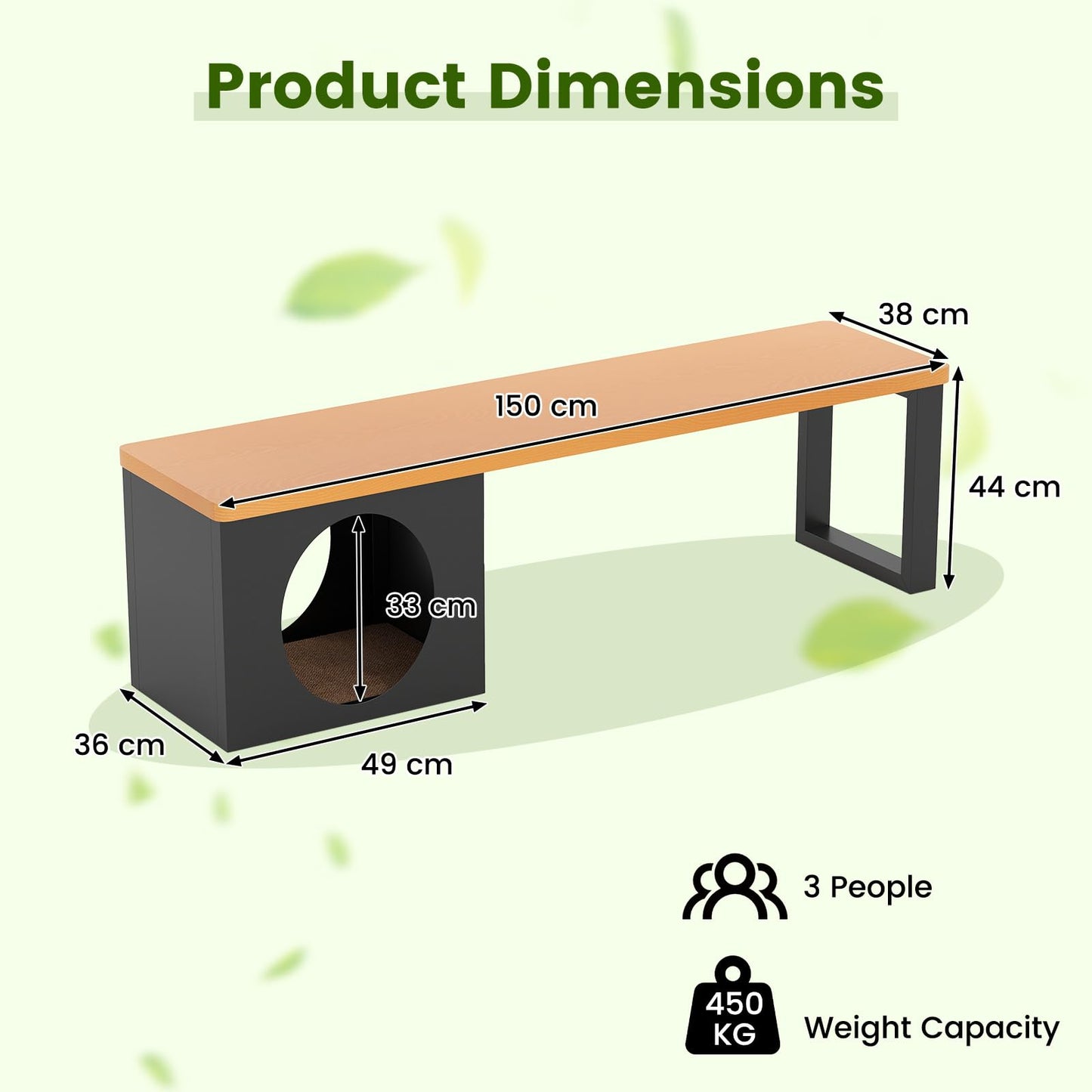 150 CM 3-Person Long Outdoor Metal Bench with Cat House and Scratching Pad