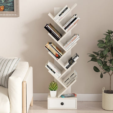 10-Tier Tree Bookshelf with Drawer with Anti-Tipping Kit