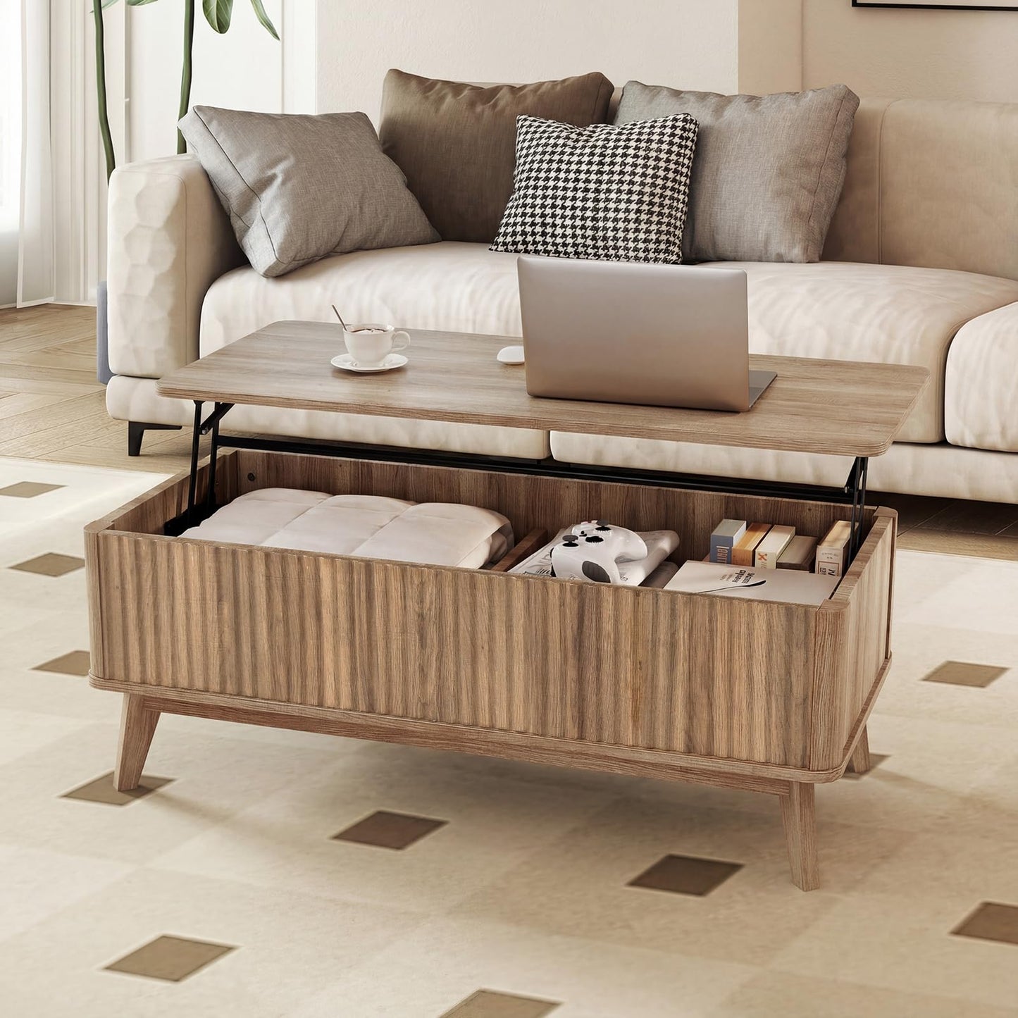 Lift Up Top Coffee Table, 110cm Rectangle Lifting Cocktail Center Table Unit