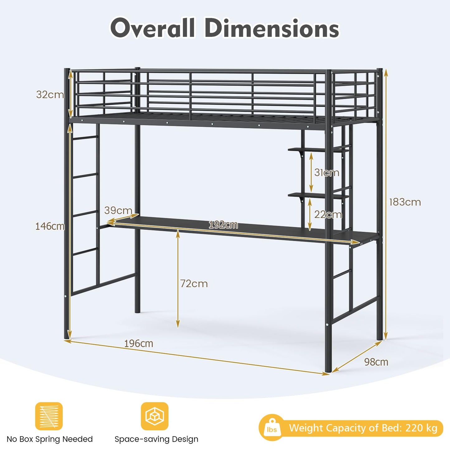 Metal Bunk Bed with Desk, Space-Saving High Sleeper Bed