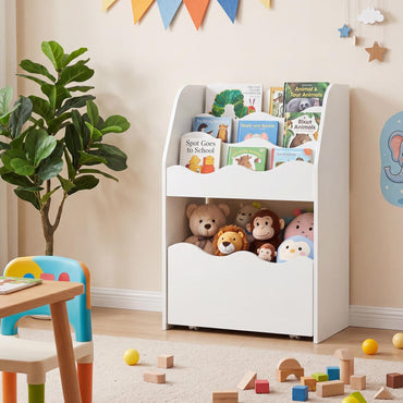Toy Storage Organizer, 3-Tier Kids Bookcase with Rolling Drawer