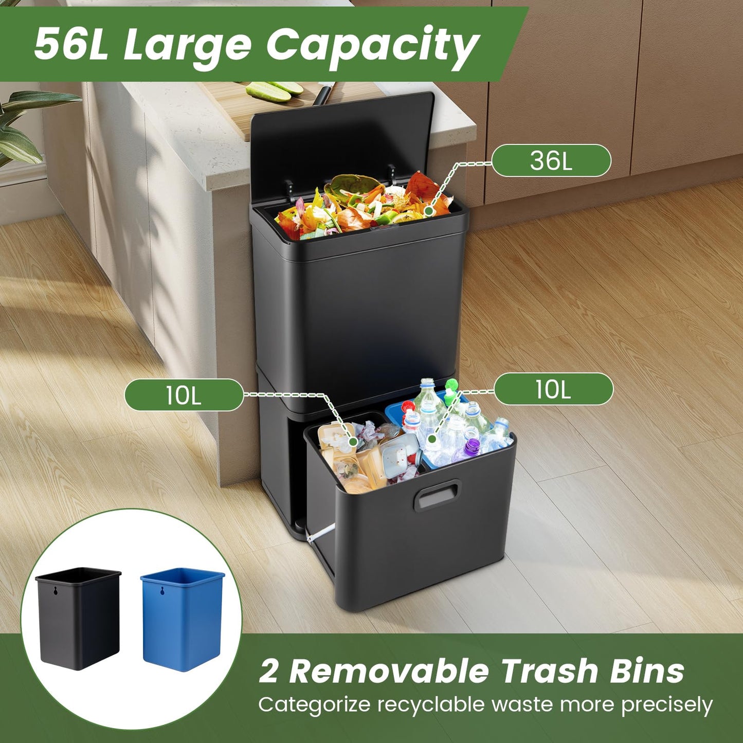 56L Stainless Steel Trash Can Touchless Recycling Garbage Bin