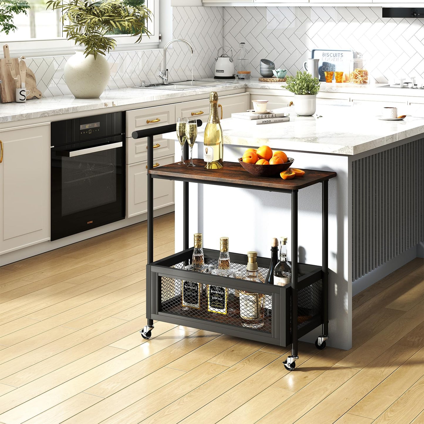 Rolling End Table with Handle 2-Tier Sofa Side Table with Open Shelf