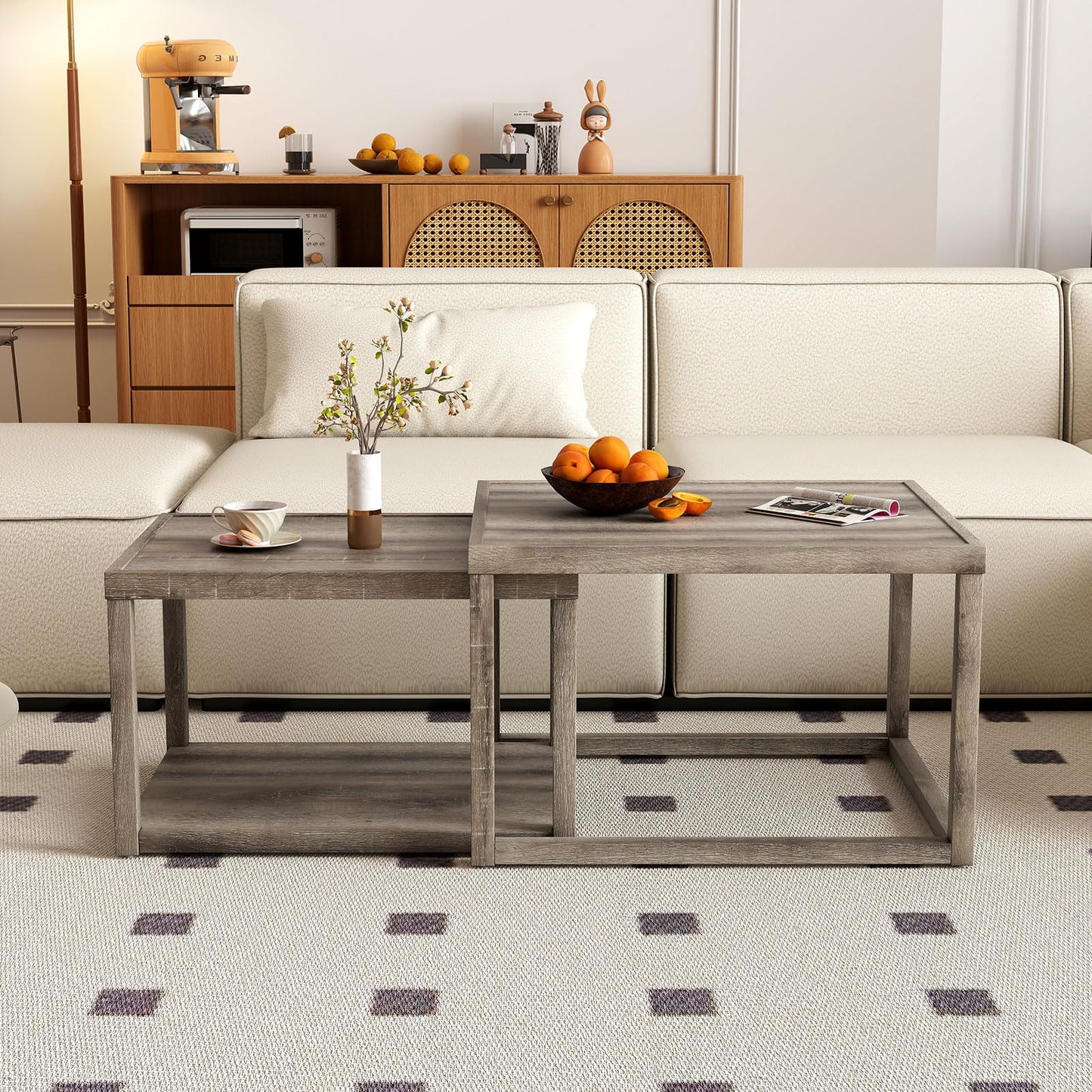 Nesting Coffee Table Set of 2 with Storage Shelf and Rubber Wood Frame