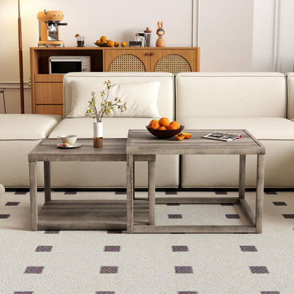 Nesting Coffee Table Set of 2 with Storage Shelf and Rubber Wood Frame