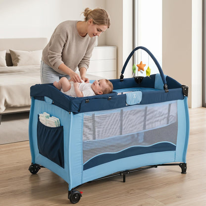 4 in 1 Pack and Play Foldable and Portable Baby Playard with Diaper Changing Table and 3 Hanging Toys