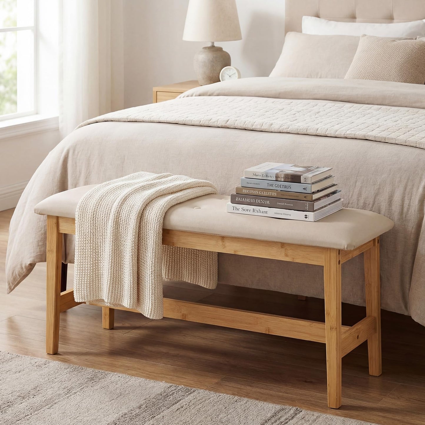 100cm Bamboo End of Bed Bench, Button-Tufted Upholstered Ottoman Shoe Bench
