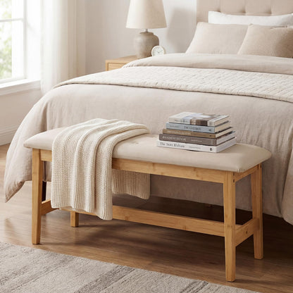 100cm Bamboo End of Bed Bench, Button-Tufted Upholstered Ottoman Shoe Bench