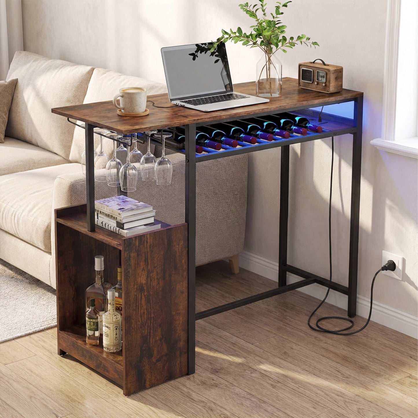 Rectangular Bar Table with RGB Light and 8-Bottle Wine Rack