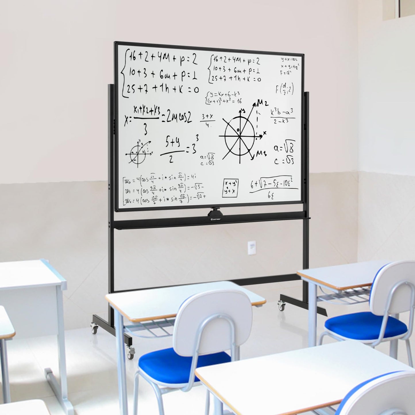 Height Adjustable Magnetic Double Sided Whiteboard with Wheels
