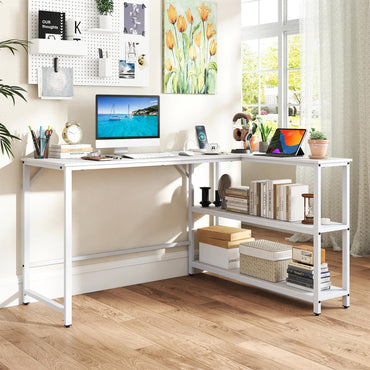 L Shaped Desk with Charging Station Corner Computer Desk with Storage Shelves