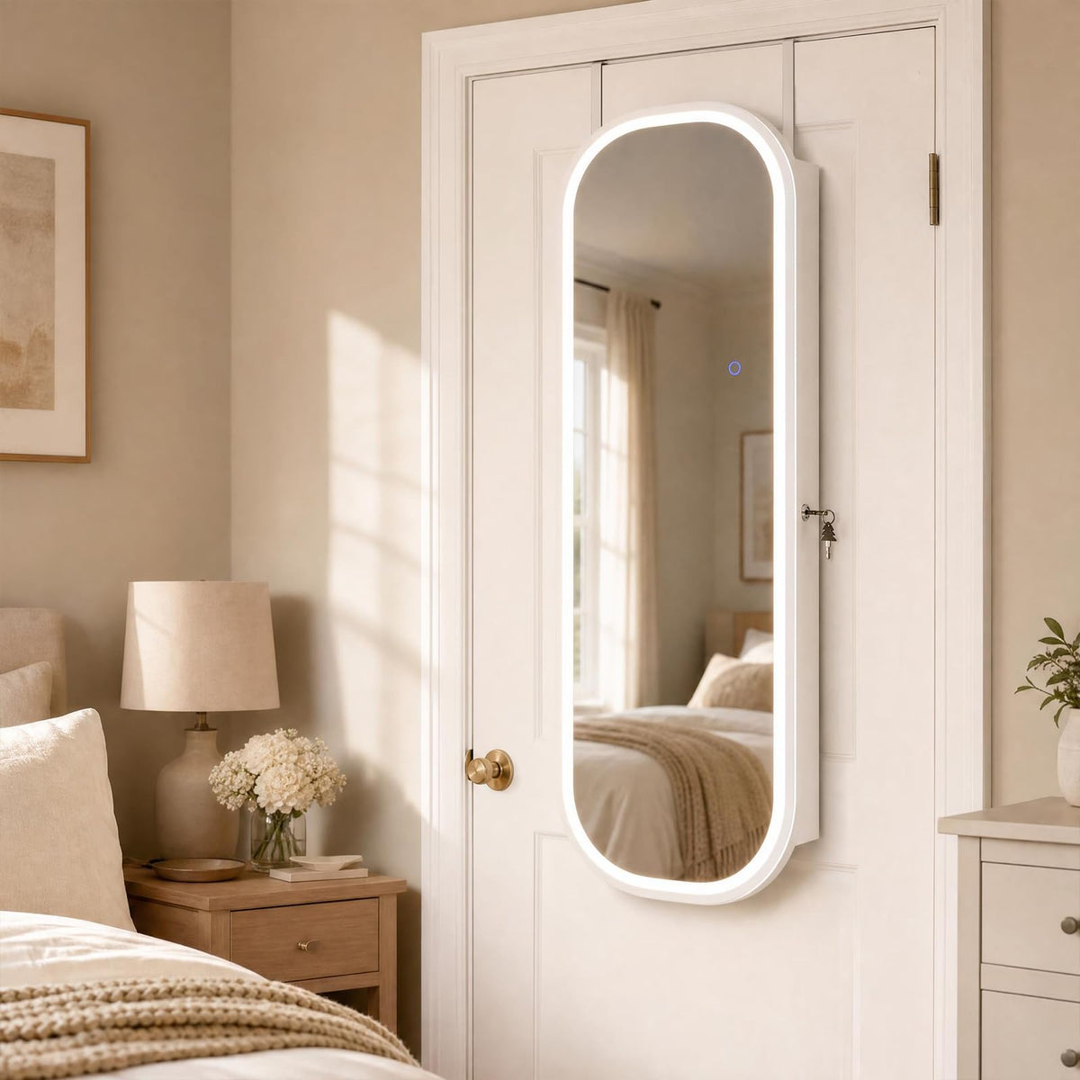 Wall and Door Mounted Jewelry Cabinet with 3-Color Adjustable Full-Length Mirror