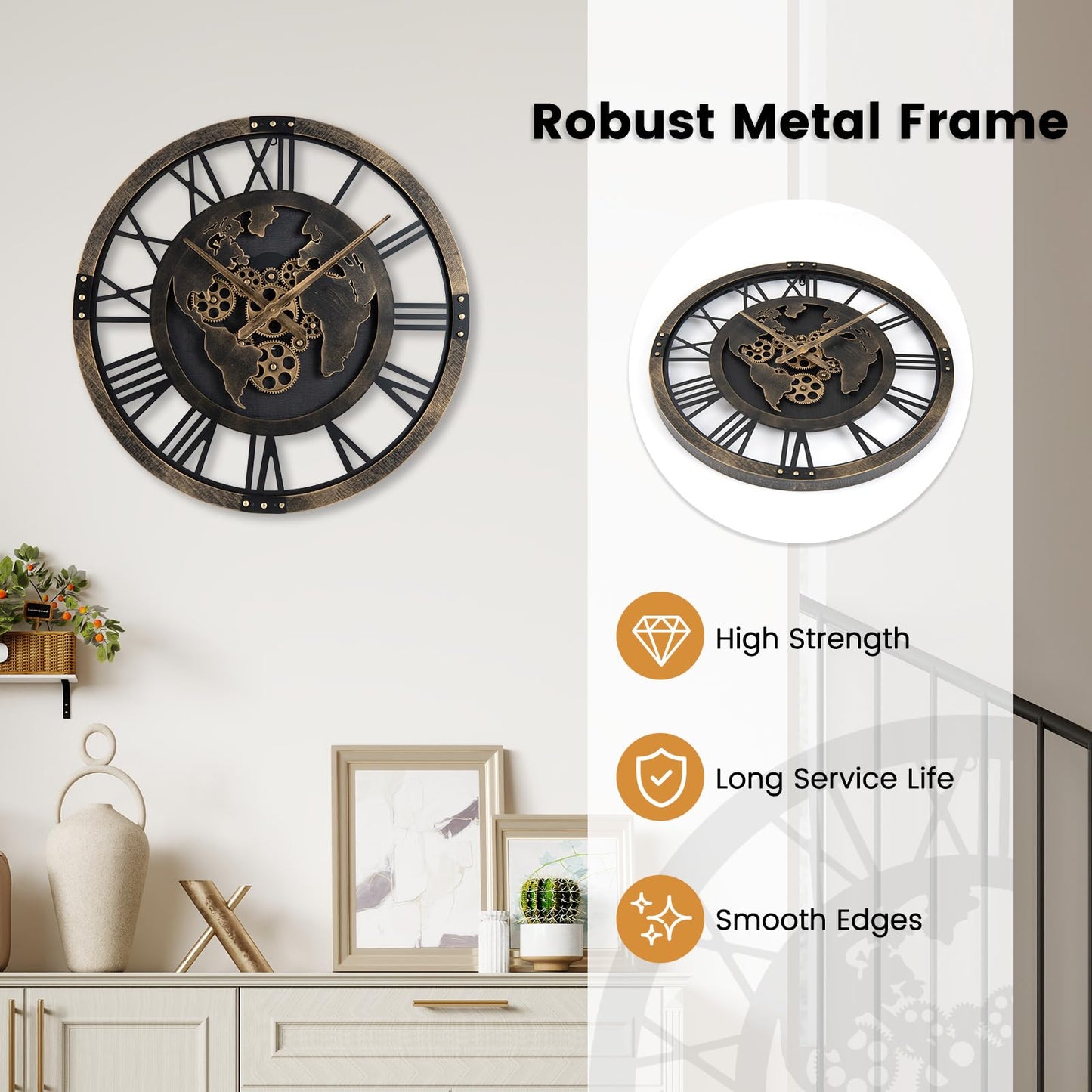 Large Wall Clock, 27”/68cm Metal Non-Ticking Decorative Clock, Battery-Operated Wall Decoration