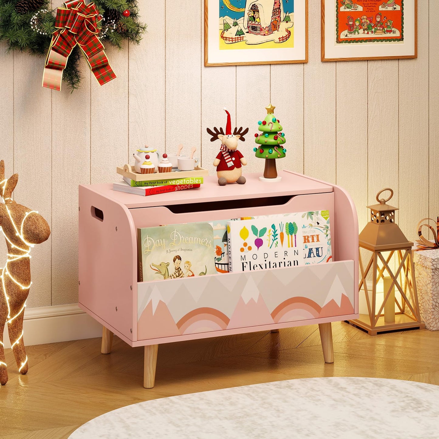 Wooden Toy Box, Kids Storage Chest with Flip-top Lid, Front Bookshelf