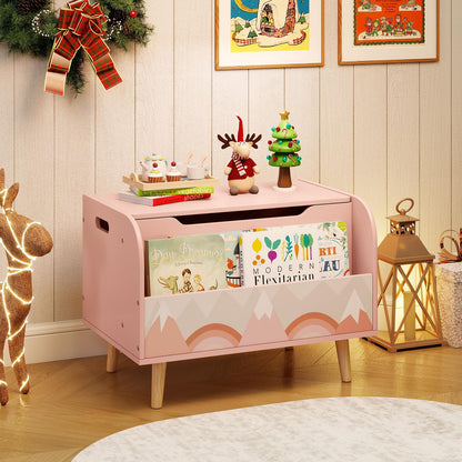 Wooden Toy Box, Kids Storage Chest with Flip-top Lid, Front Bookshelf