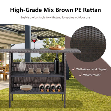 All Weather Wicker Bar Counter Table with 2 Metal Mesh Shelves