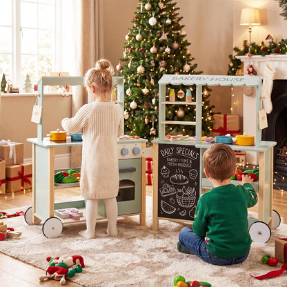 Kids Play Kitchen, Wooden Toy Kitchen with Stoves, Oven, Chalkboard