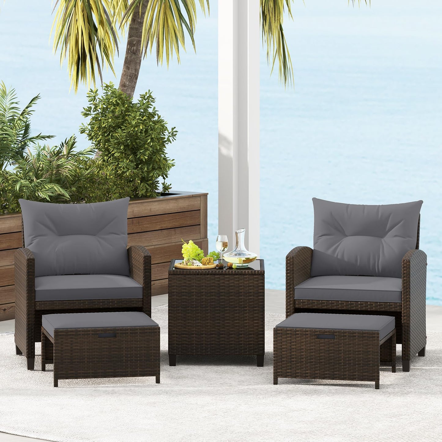 5-Piece Rattan Garden Furniture Set, Patio Conversation Set with 2 Chairs