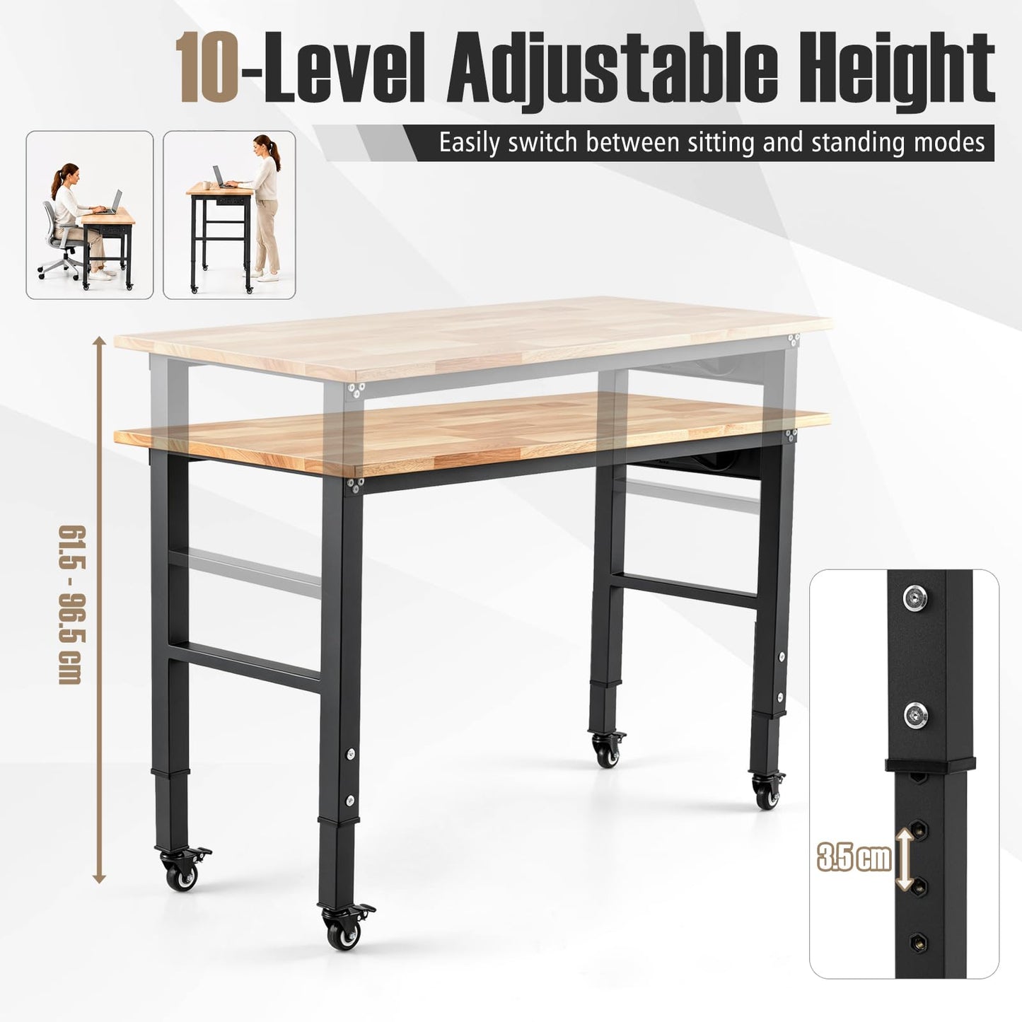 46 Inch Adjustable Workbench with Wheels and Power Outlet Oak Top for Garage