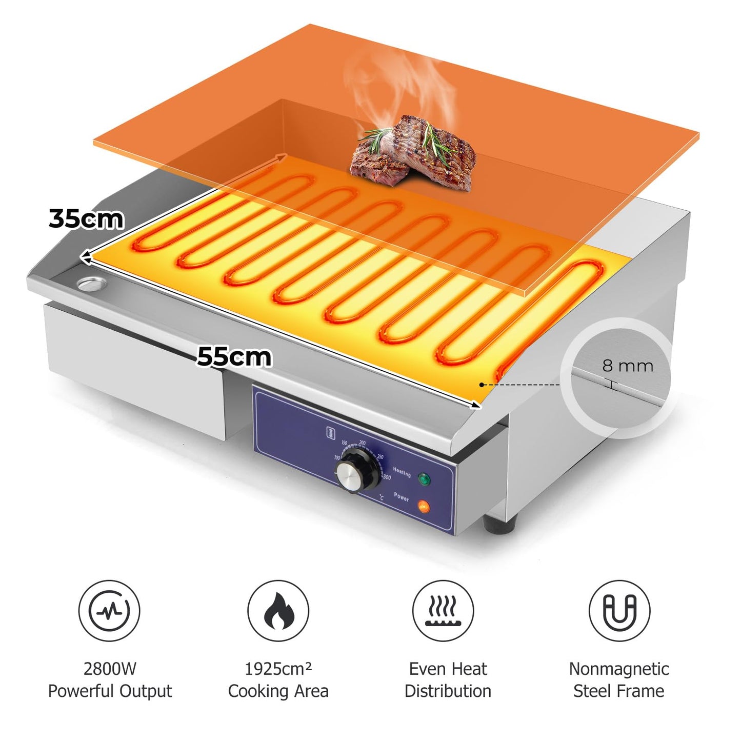 Countertop Electric Griddle 2800W 240V Commercial Stainless Steel Grill with 50℃-300℃ Adjustable Temp Control