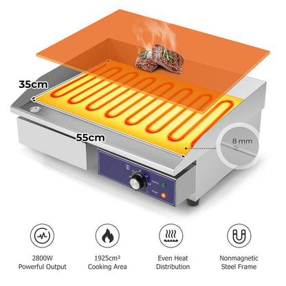 Countertop Electric Griddle 2800W 240V Commercial Stainless Steel Grill with 50℃-300℃ Adjustable Temp Control