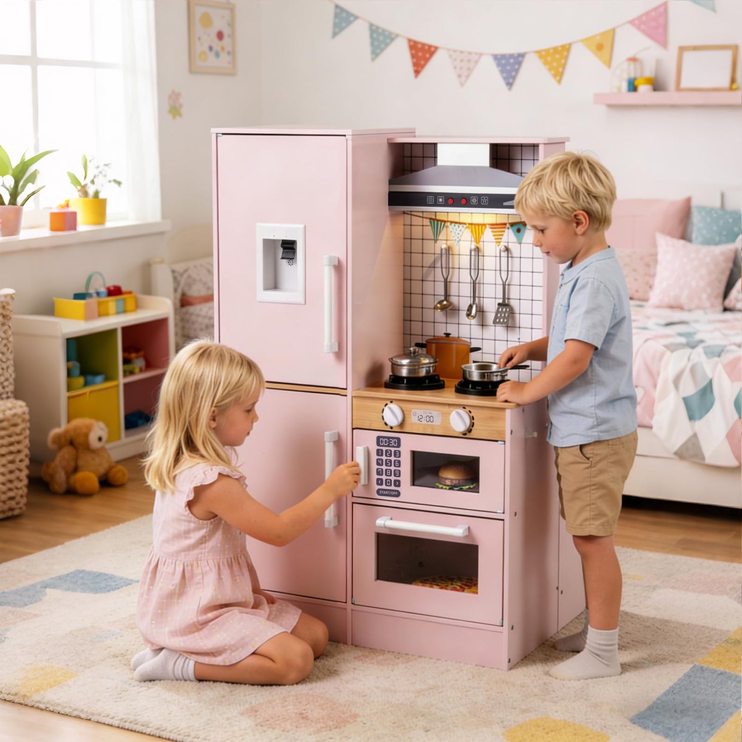 Kids Play Kitchen, Dual-Sided Toddler Pretend Laundry Toy Kitchen Playset