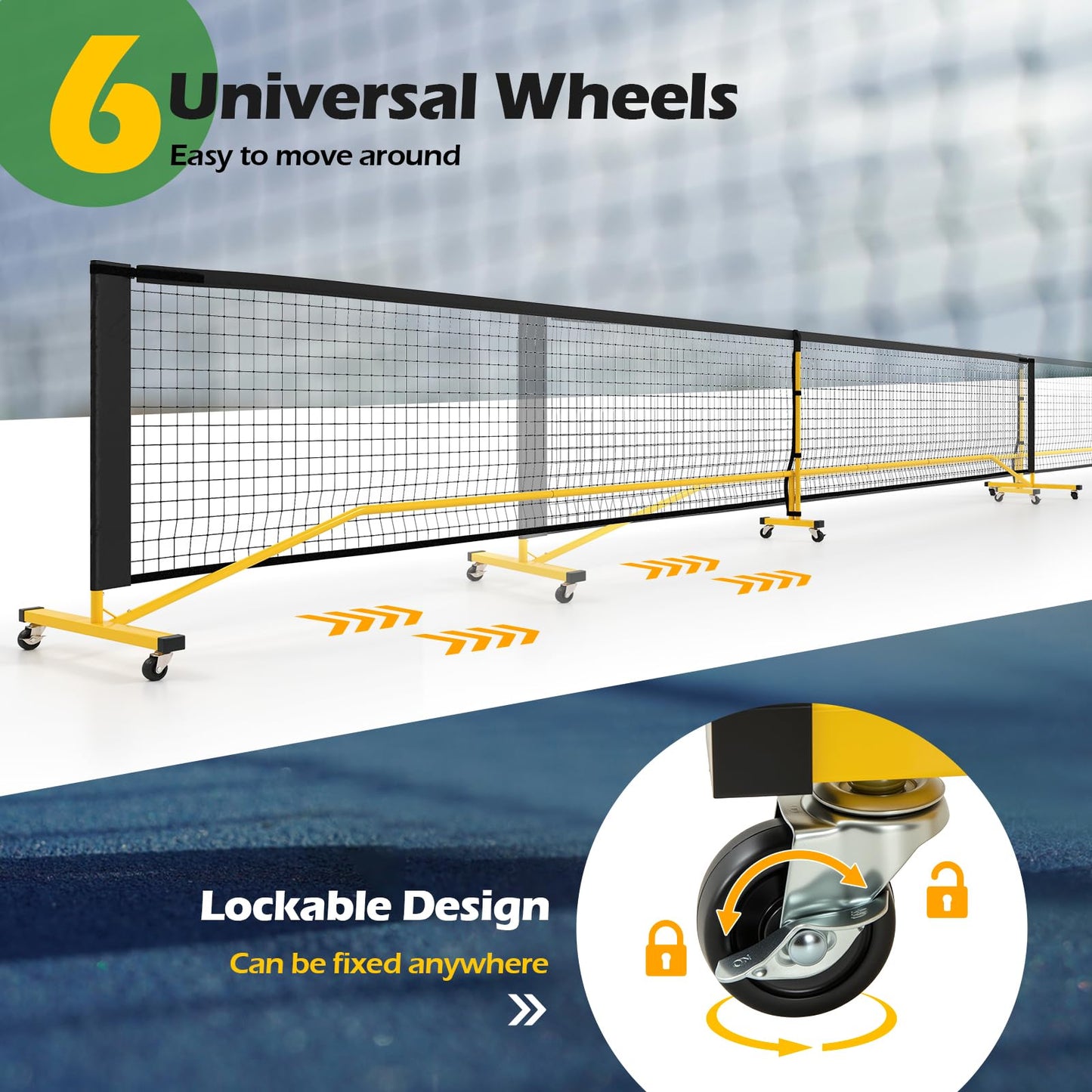 Portable Regulation Size Pickle Ball Net System with 6 Lockable Wheels
