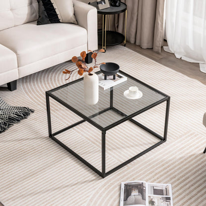 Giantex Square Coffee Table Tempered Glass Sofa Side Table with Adjustable Foot Pads (without Mesh Shelf)