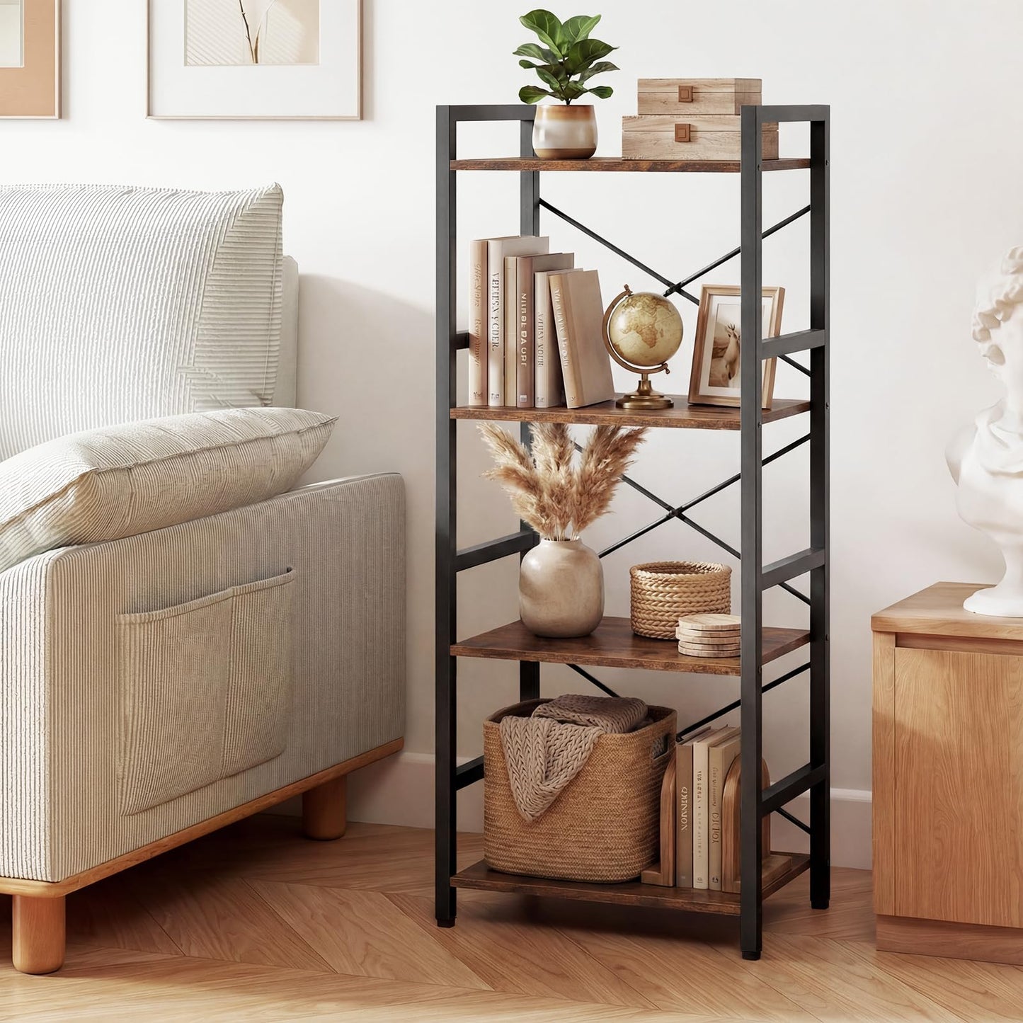 Wooden Storage Bookcase Ladder Shelving Unit with X-Shaped Bar