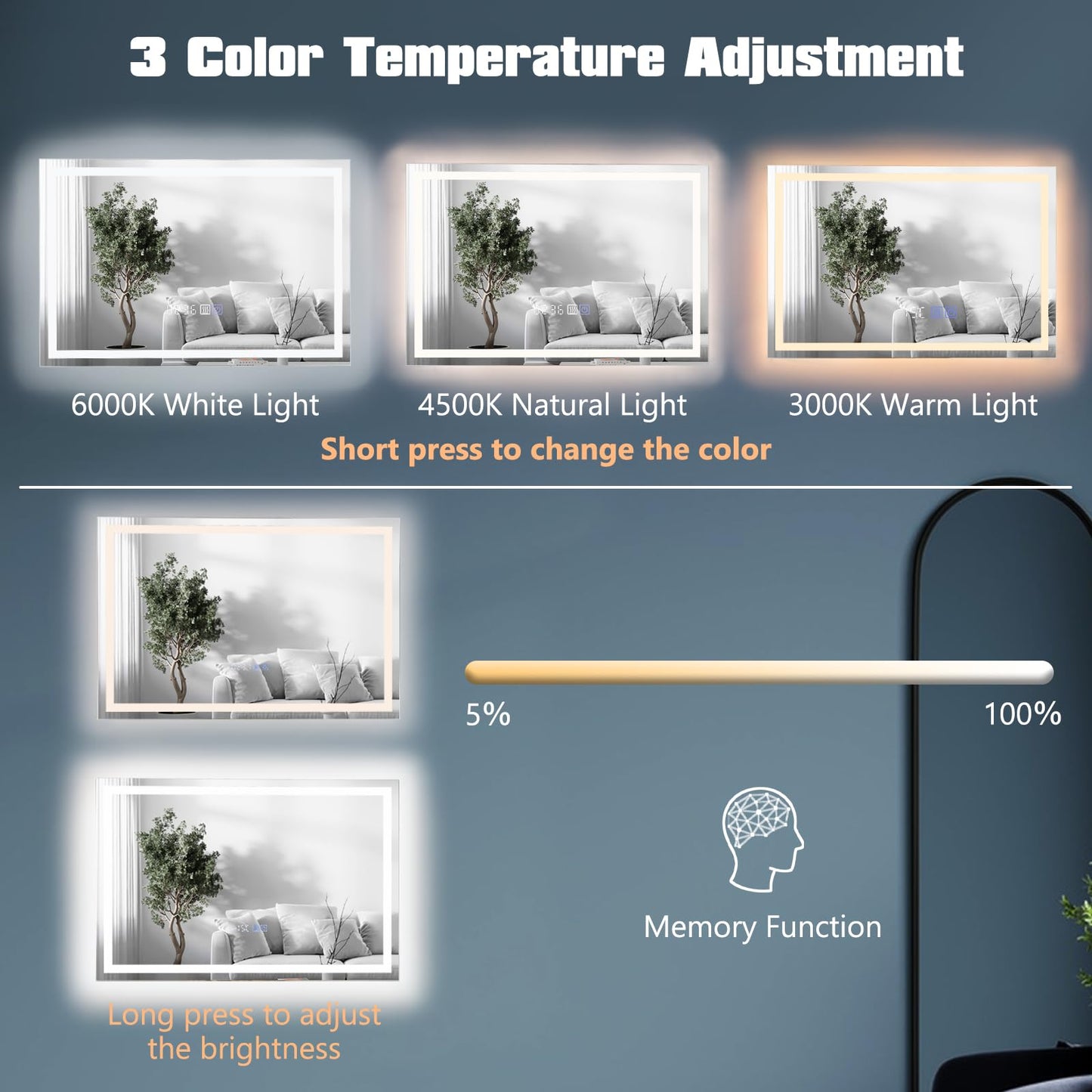 60 x 40/75 x 50 CM LED Wall Mounted Rectangle Mirror with 3-Color Dimmable Lights