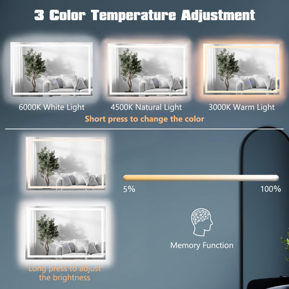 60 x 40/75 x 50 CM LED Wall Mounted Rectangle Mirror with 3-Color Dimmable Lights