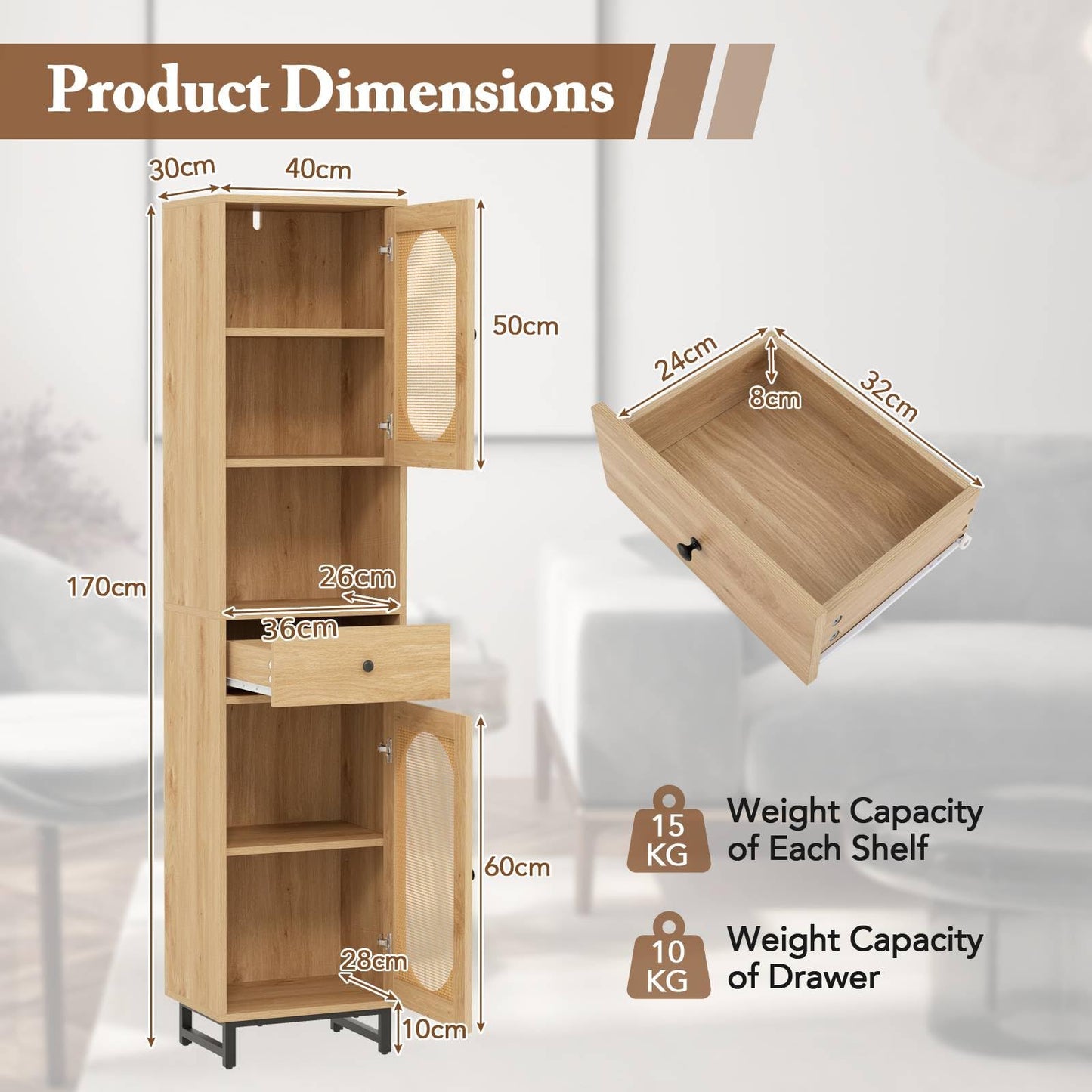 170cm Tall Bathroom Cabinet with 2 Doors and Open Compartment