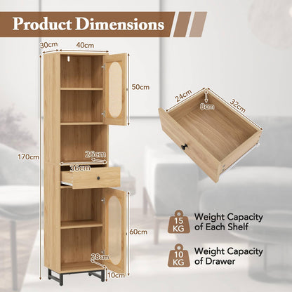 170cm Tall Bathroom Cabinet with 2 Doors and Open Compartment