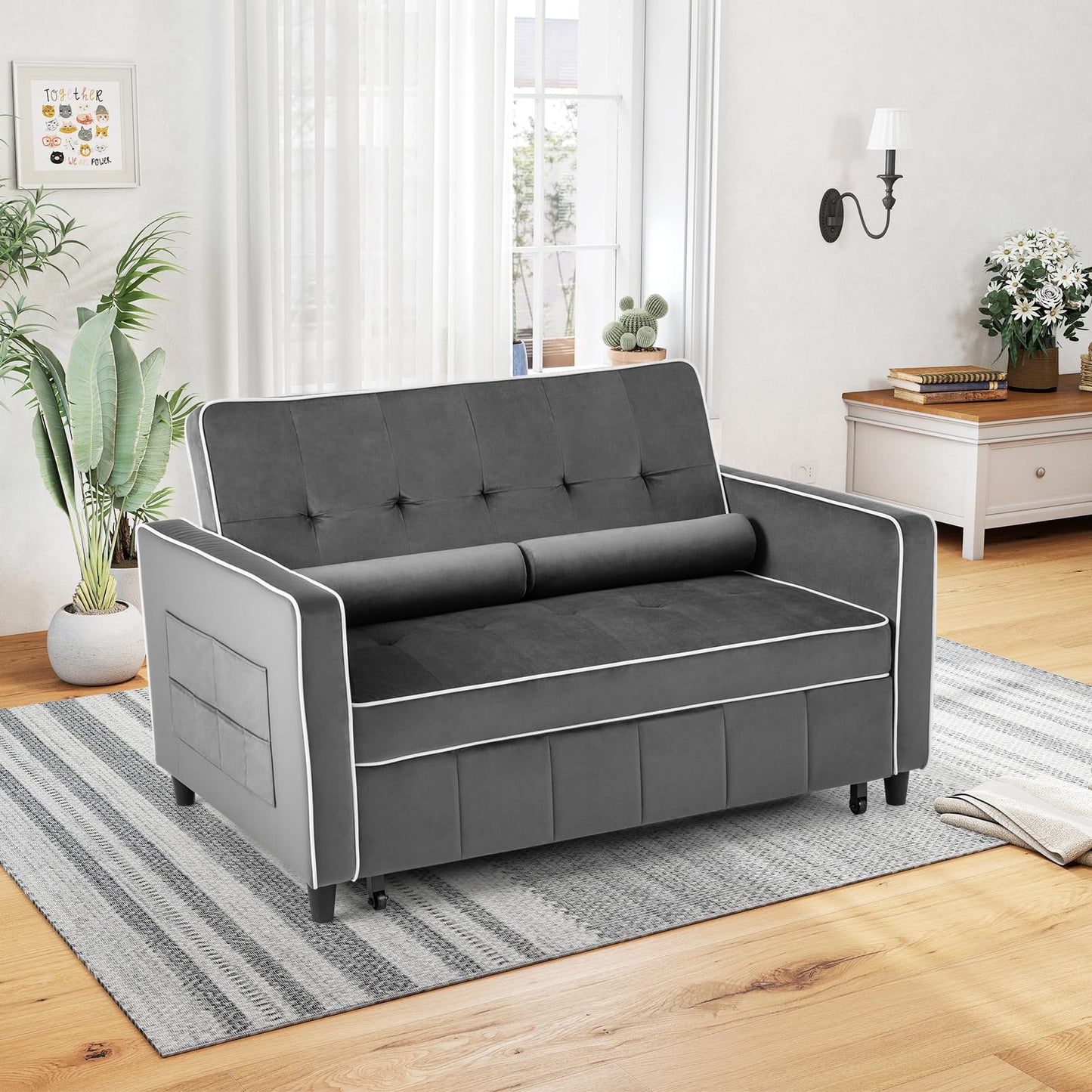 2-Seater Convertible Pull Out Sofa Bed with Adjustable Backrest and Pillows