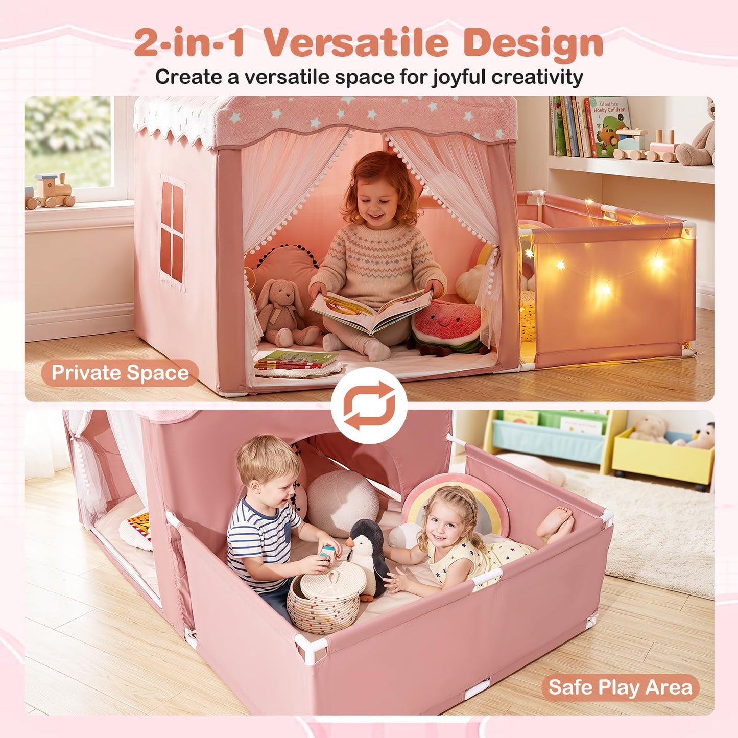 Kids Play Tent with Playpen, Padded Mat, Star Lights