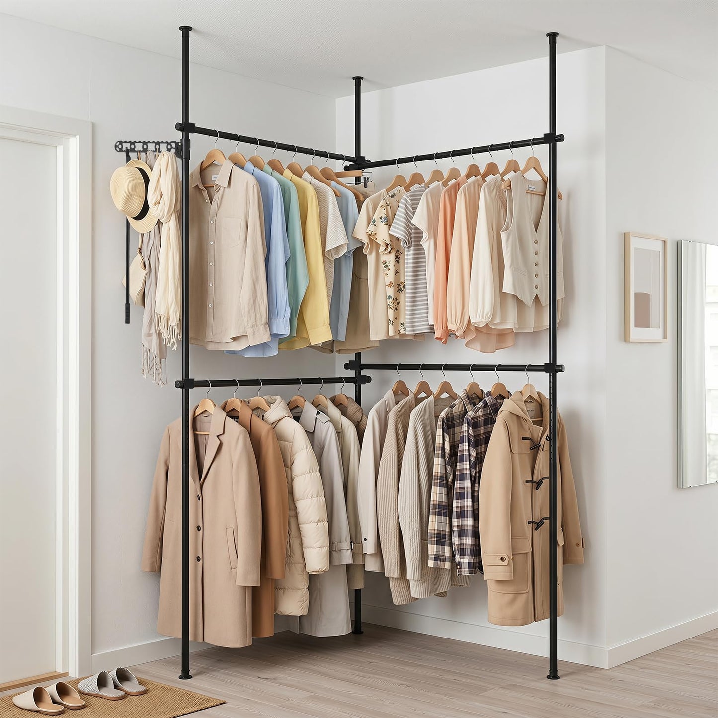 Adjustable Floor to Ceiling Clothes Rack with 2 Hanging Rods Folding Drying Rack and Reacher Pole