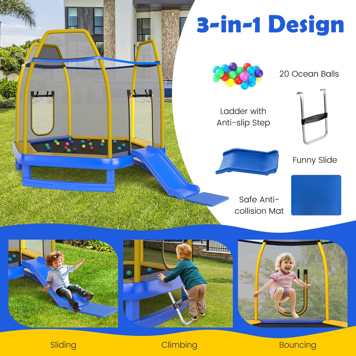 7 Feet Hexagonal Trampoline with Slide and Safety Enclosure Net