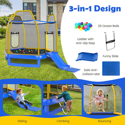 7 Feet Hexagonal Trampoline with Slide and Safety Enclosure Net