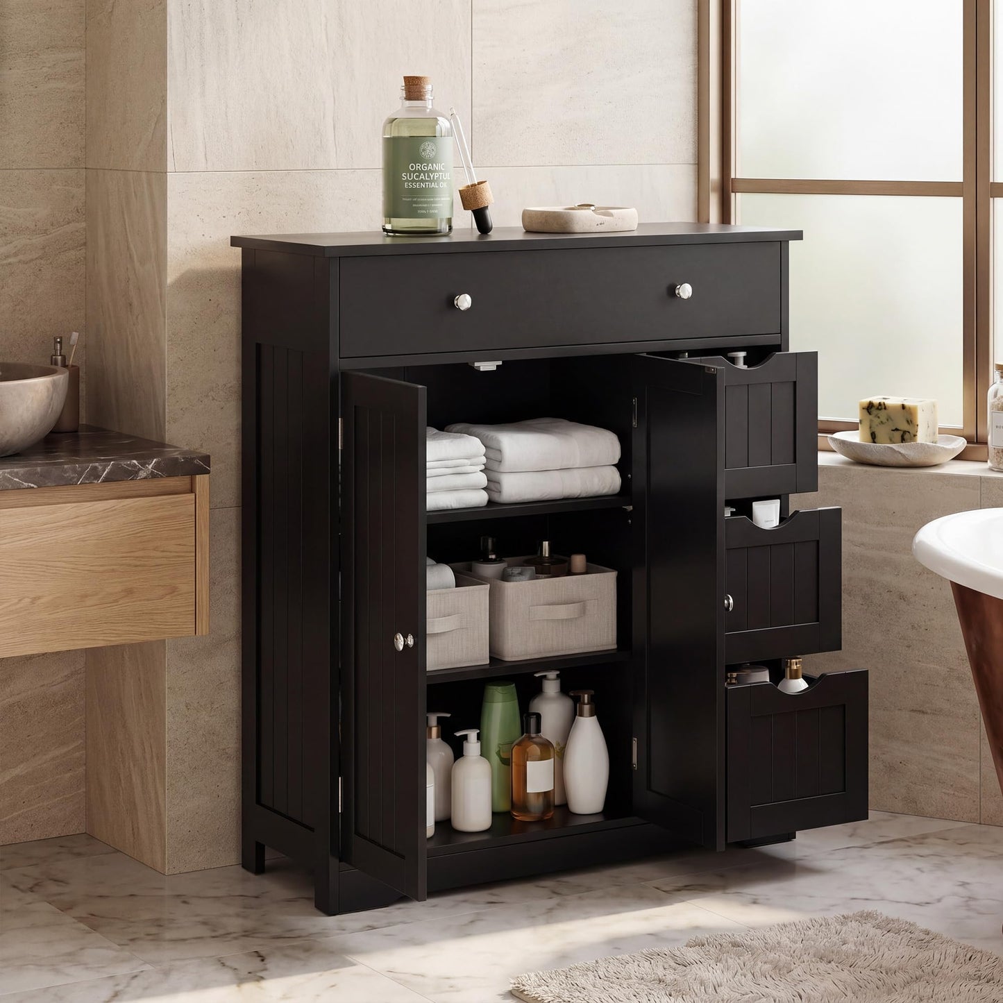 Bathroom Floor Cabinet, Freestanding Wooden Storage Cupboard with 4 Drawers